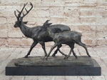 Deer Buck Elk and Doe Fawn Caribou Reindeer Bronze Statue Sculpture Marble Base 11