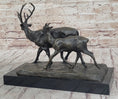 Load image into Gallery viewer, Deer Buck Elk and Doe Fawn Caribou Reindeer Bronze Statue Sculpture Marble Base 11" x 13"