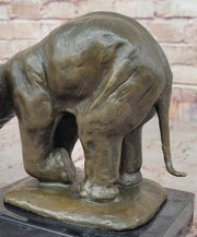 Bronze Elephant Sculpture with Outstretched Trunk – Wildlife Art on Marble Base