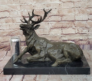 Stag Buck Elk Deer Laying Down - Bronze Wildlife Sculpture by Milo on Marble Base