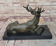 Stag Buck Elk Deer Laying Down - Bronze Wildlife Sculpture by Milo on Marble Base