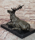 Stag Buck Elk Deer Laying Down - Bronze Wildlife Sculpture by Milo on Marble Base