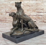 Impressionist Bronze Art Sculpture of a Pair of Female Lions Lionesses on Marble Base