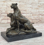 Impressionist Bronze Art Sculpture of a Pair of Female Lions Lionesses on Marble Base