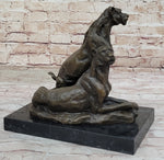 Impressionist Bronze Art Sculpture of a Pair of Female Lions Lionesses on Marble Base
