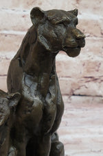 Impressionist Bronze Art Sculpture of a Pair of Female Lions Lionesses on Marble Base