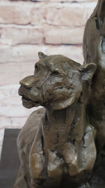 Impressionist Bronze Art Sculpture of a Pair of Female Lions Lionesses on Marble Base