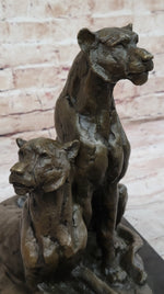 Impressionist Bronze Art Sculpture of a Pair of Female Lions Lionesses on Marble Base