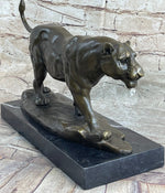 Panther Mountain Lion Big Cat Bronze Statue Sculpture Figure on Marble Base