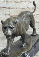 Panther Mountain Lion Big Cat Bronze Statue Sculpture Figure on Marble Base