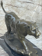 Panther Mountain Lion Big Cat Bronze Statue Sculpture Figure on Marble Base
