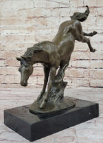 Jumping Wild Horse Mustang Stallion Bronze Sculpture Statue on Marble Base