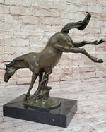 Jumping Wild Horse Mustang Stallion Bronze Sculpture Statue on Marble Base