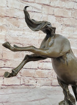 Jumping Wild Horse Mustang Stallion Bronze Sculpture Statue on Marble Base