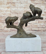 Green Patina Bear Family on a tree stump Bronze Sculpture Statue Figurine