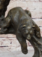 Green Patina Bear Family on a tree stump Bronze Sculpture Statue Figurine