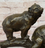 Green Patina Bear Family on a tree stump Bronze Sculpture Statue Figurine