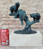Bear Family Bears on Tree Branch - Bronze Metal Sculpture on White Marble Base