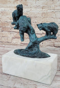 Load image into Gallery viewer, Bear Family Bears on Tree Branch - Bronze Metal Sculpture on White Marble Base