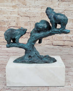 Bear Family Bears on Tree Branch - Bronze Metal Sculpture on White Marble Base