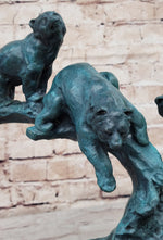 Bear Family Bears on Tree Branch - Bronze Metal Sculpture on White Marble Base