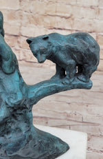 Bear Family Bears on Tree Branch - Bronze Metal Sculpture on White Marble Base