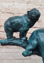 Bear Family Bears on Tree Branch - Bronze Metal Sculpture on White Marble Base