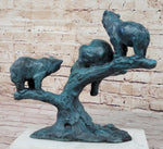 Bear Family Bears on Tree Branch - Bronze Metal Sculpture on White Marble Base