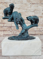 Bear Family Bears on Tree Branch - Bronze Metal Sculpture on White Marble Base