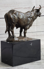 Hot Cast Bronze Metal Bull Cattle Cow Sculpture Statue Figure on Marble Base