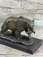 Bronze Grizzly Bear Hunting Fish River Sculpture Art Figurine Marble Base Figure