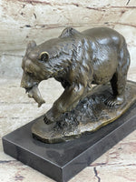 Bronze Grizzly Bear Hunting Fish River Sculpture Art Figurine Marble Base Figure