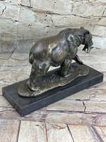 Bronze Grizzly Bear Hunting Fish River Sculpture Art Figurine Marble Base Figure