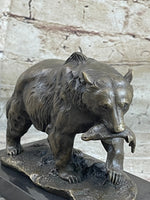Bronze Grizzly Bear Hunting Fish River Sculpture Art Figurine Marble Base Figure