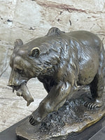 Bronze Grizzly Bear Hunting Fish River Sculpture Art Figurine Marble Base Figure
