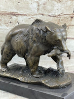 Bronze Grizzly Bear Hunting Fish River Sculpture Art Figurine Marble Base Figure