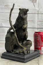 Bear Standing on Boulder Bronze Metal Statue Sculpture Figure on Marble Base