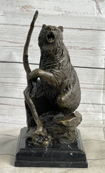 Bear Standing on Boulder Bronze Metal Statue Sculpture Figure on Marble Base