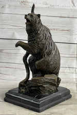 Bear Standing on Boulder Bronze Metal Statue Sculpture Figure on Marble Base