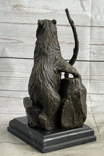 Bear Standing on Boulder Bronze Metal Statue Sculpture Figure on Marble Base