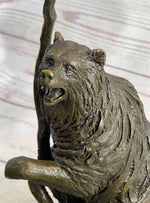 Bear Standing on Boulder Bronze Metal Statue Sculpture Figure on Marble Base