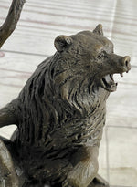 Bear Standing on Boulder Bronze Metal Statue Sculpture Figure on Marble Base