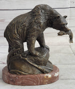 Bear with Fish in Mouth Bronze Metal Sculpture Statue Wildlife Decor Art Marble Base