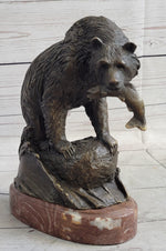 Bear with Fish in Mouth Bronze Metal Sculpture Statue Wildlife Decor Art Marble Base