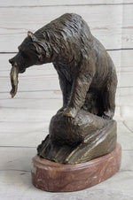 Bear with Fish in Mouth Bronze Metal Sculpture Statue Wildlife Decor Art Marble Base