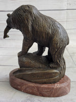 Bear with Fish in Mouth Bronze Metal Sculpture Statue Wildlife Decor Art Marble Base