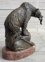 Bear with Fish in Mouth Bronze Metal Sculpture Statue Wildlife Decor Art Marble Base