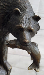 Bear with Fish in Mouth Bronze Metal Sculpture Statue Wildlife Decor Art Marble Base