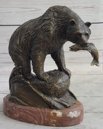 Bear with Fish in Mouth Bronze Metal Sculpture Statue Wildlife Decor Art Marble Base
