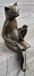 Load image into Gallery viewer, Cat in Eyeglasses Reading a Book Bronze Metal Figurine Sculpture Signed Art
